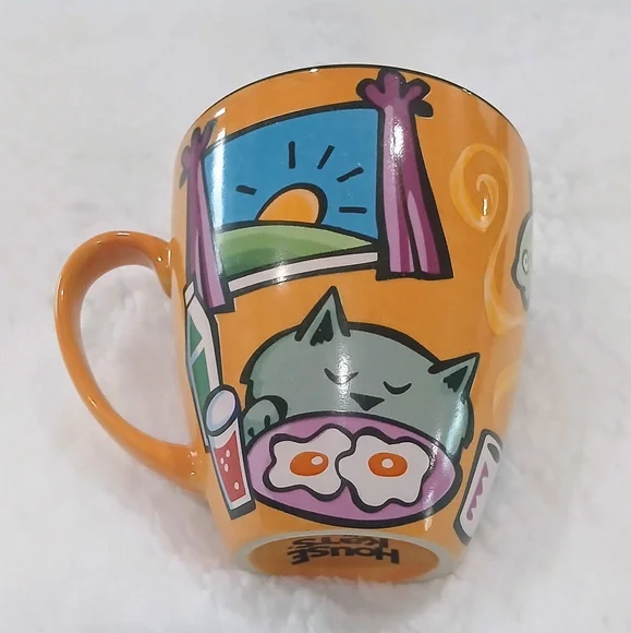 "House Kats" Collectible Coffee Mug. Whimsical design:cat,sunrise scene,fish,egg - Picture 2 of 9